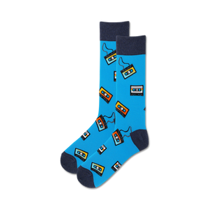 blue crew socks with cassette tape pattern in yellow, orange, white, and blue.  