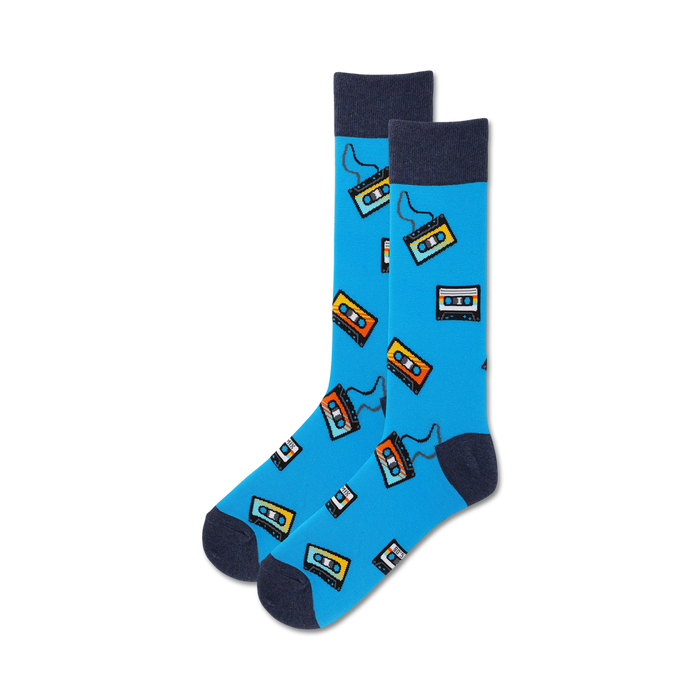 blue crew socks with cassette tape pattern in yellow, orange, white, and blue.  