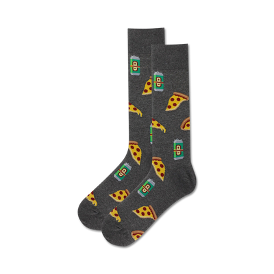 Pair of crew socks in dark gray. The socks are covered in a pattern of pizza slices and beer cans.