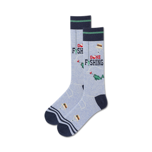 Pair of crew socks in light blue and navy. Features a playful fishing-themed design with fish, bobbers, and the phrase 'Gone Fishing'.