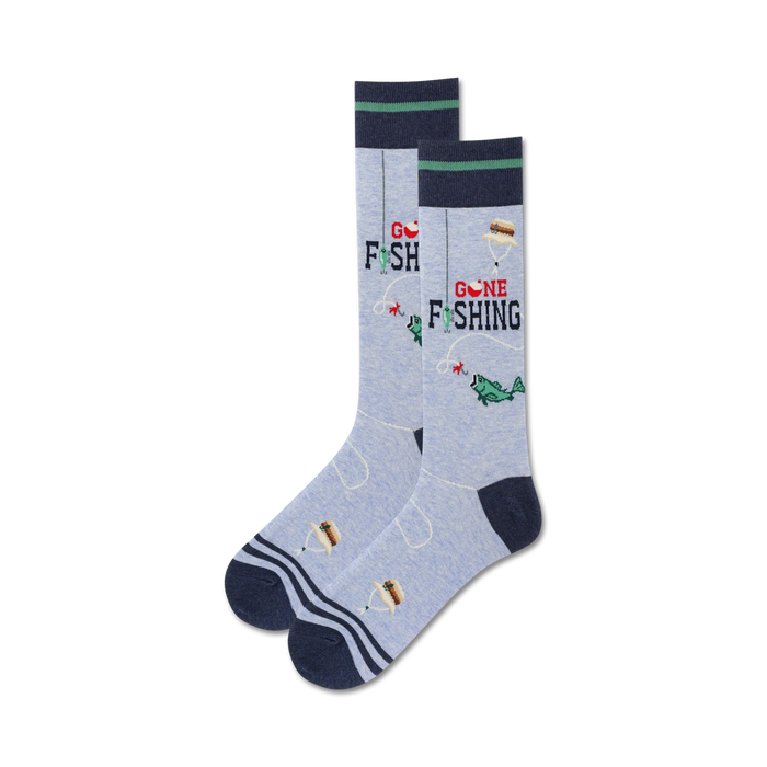 Pair of crew socks in light blue and navy. Features a playful fishing-themed design with fish, bobbers, and the phrase 'Gone Fishing'.