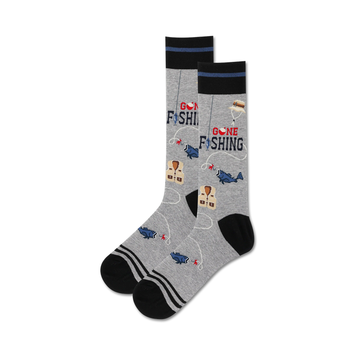 Lifestyle shot showing the grey 'Gone Fishing' socks on a model's feet.