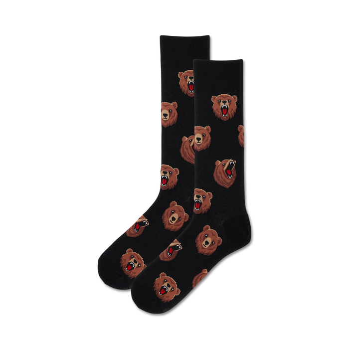 Pair of black crew socks with repeating pattern of brown bear heads. Bears have open mouths, showing teeth. Fun, quirky design. }}