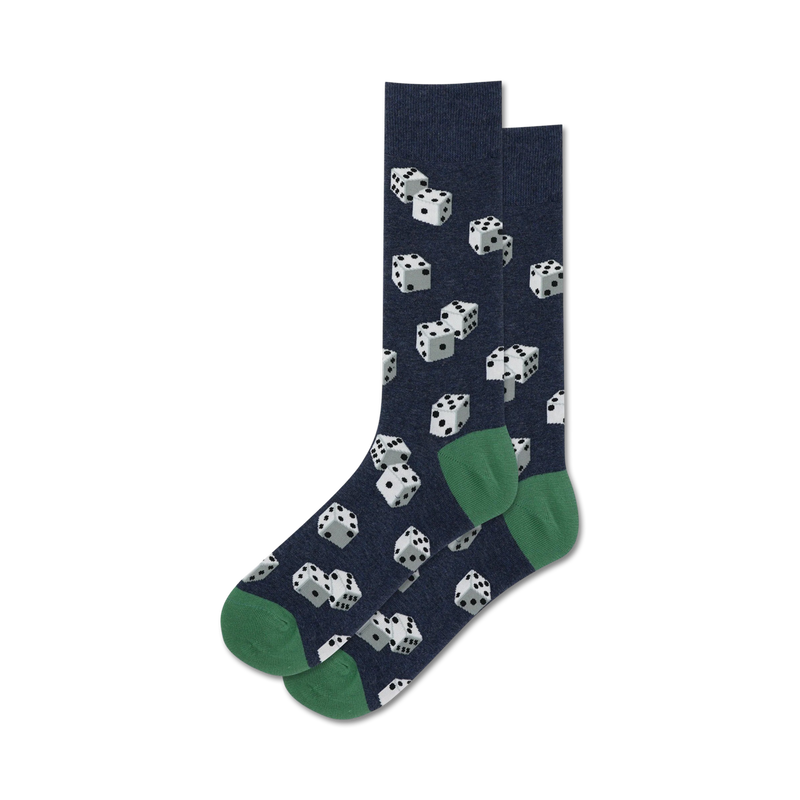 Pair of navy crew socks with a white dice pattern and green cuffs.
