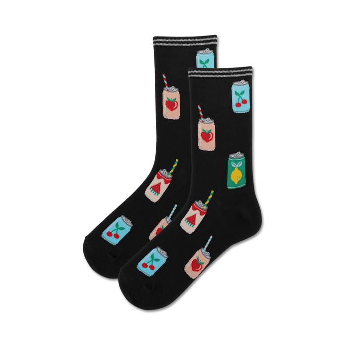 Pair of black crew socks with colorful fruit seltzer can designs.  Features peach, cherry, and lemon cans with straws. }}