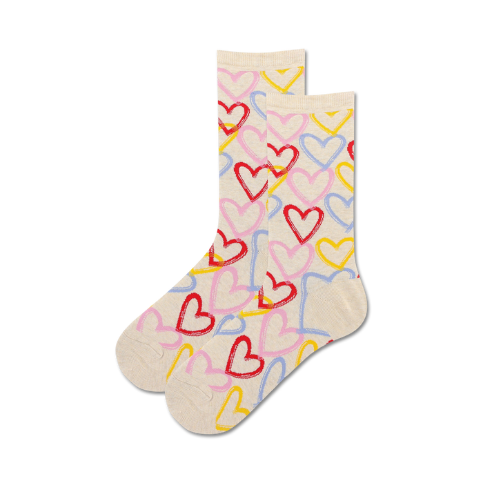 crew length cotton blend socks with graffiti-style heart pattern in red, blue, yellow, and pink. women's sizes.    }}