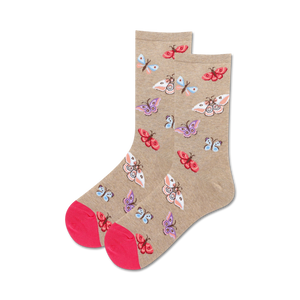 Lifestyle shot showing the beige Moth socks on a model's feet.