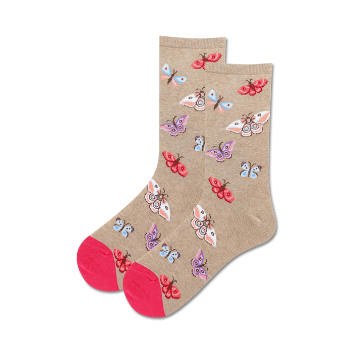 light brown crew socks with pink toes and heels, featuring a colorful moth pattern.  