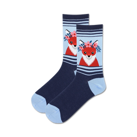 womens crew socks in dark blue with a pattern of red foxes wearing flower crowns, white belly patches, paws, and tail tips. blue toes and heels with white and red stripes.  