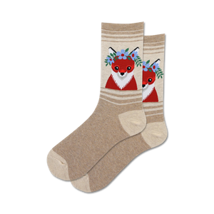 Close-up of a pair of tan Flower Crown Fox socks showcasing the fox design and striped details.