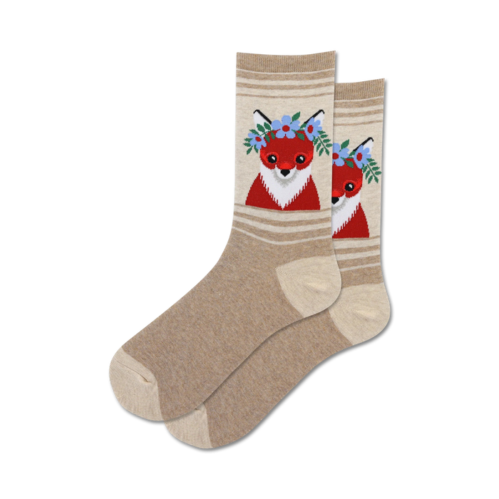 womens' crew length, lightweight brown socks with a pattern of red foxes wearing blue and red flower crowns.  