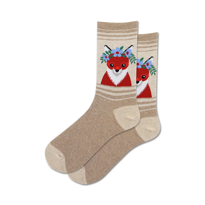Close-up of a pair of tan Flower Crown Fox socks showcasing the fox design and striped details.