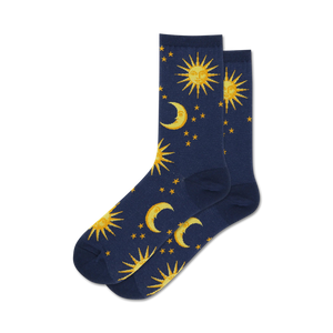 Pair of navy blue crew socks with a repeating pattern of gold suns, moons, and stars.