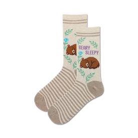 brown and beige crew socks featuring a whimsical bear and flower pattern with "beary sleepy" text.   