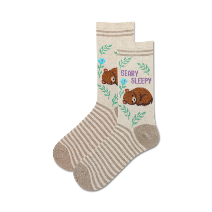 brown and beige crew socks featuring a whimsical bear and flower pattern with 