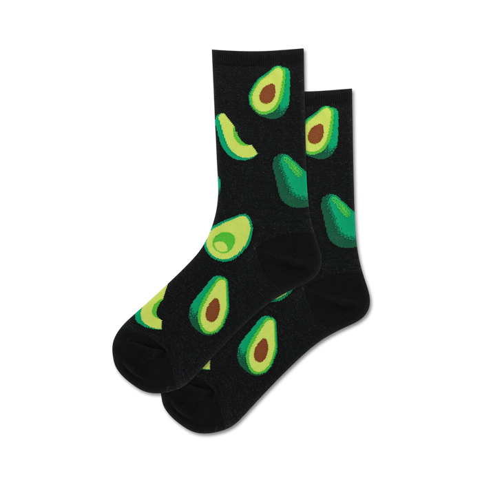 Pair of black crew socks adorned with vibrant green avocado illustrations. }}