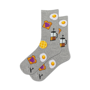 Pair of grey crew socks with fun breakfast-themed illustrations: fried eggs, toast, waffles, and coffee press.