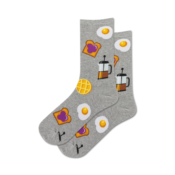 Pair of grey crew socks with fun breakfast-themed illustrations: fried eggs, toast, waffles, and coffee press.