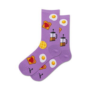 Lifestyle shot showing the purple Breakfast socks being worn.