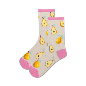 Pair of women's crew socks. Grey background with repeated pattern of yellow pears and pink cuffs.