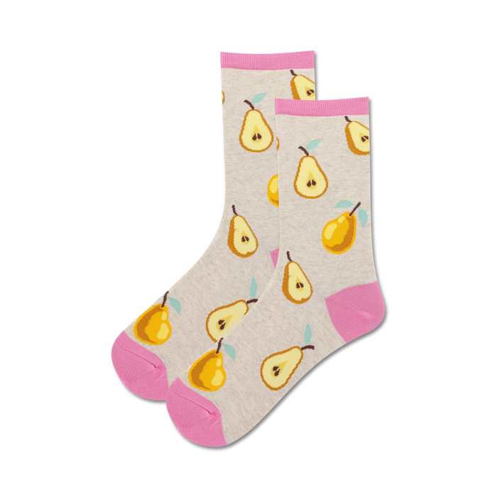 yellow cartoon pears on a pink background covers these whimsical women's crew socks.  
