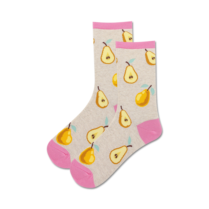 Pair of women's crew socks. Grey background with repeated pattern of yellow pears and pink cuffs.