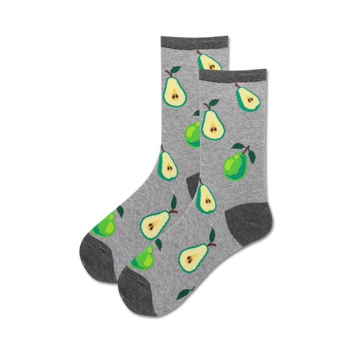 green and brown pear patterned women's crew socks  