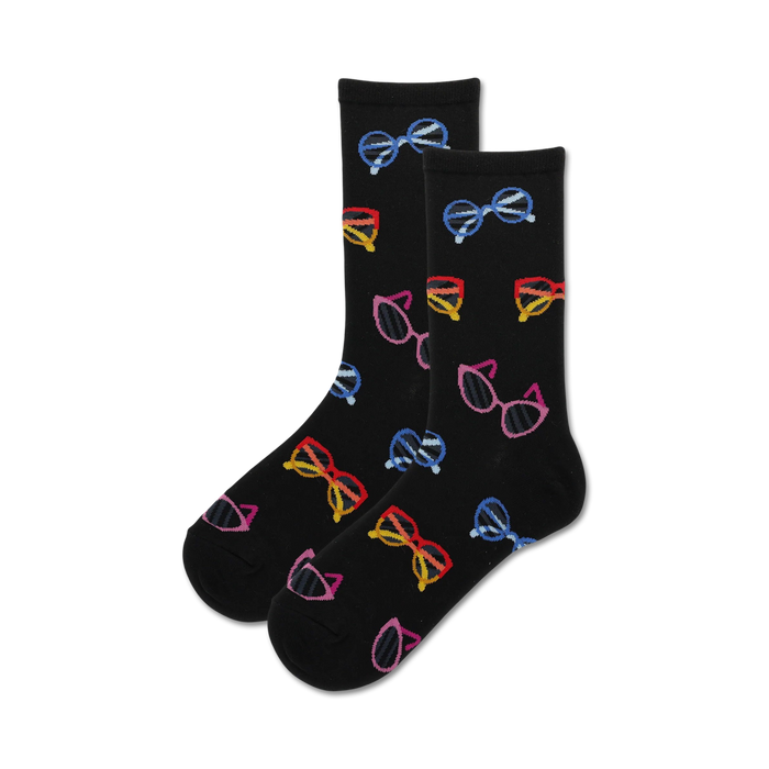 Pair of black crew socks with a pattern of colorful sunglasses. The sunglasses are in various colors, including red, yellow, blue, and pink. }}