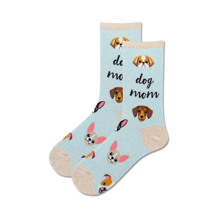 A pair of light blue crew socks with illustrations of various dog breeds and the text 'Dog Mom'. }}