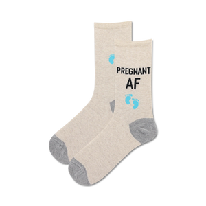 mid-calf length light beige socks with 'pregnant af' and blue footprint for pregnant women  