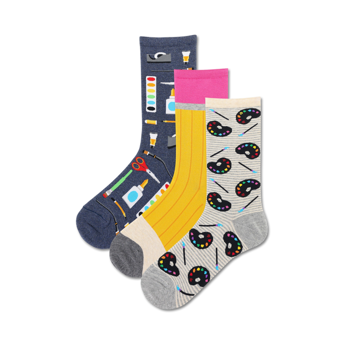 women's artist palettes 3 pack crew socks. featuring paint palettes, paintbrushes, scissors, glue, tape, & pencils.    }}