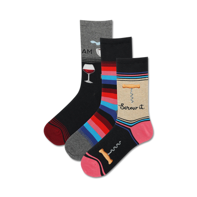 Three crew socks: one black with wine glass, one striped in red, pink, blue and grey, and one beige with a corkscrew graphic and 'Screw it' text.
