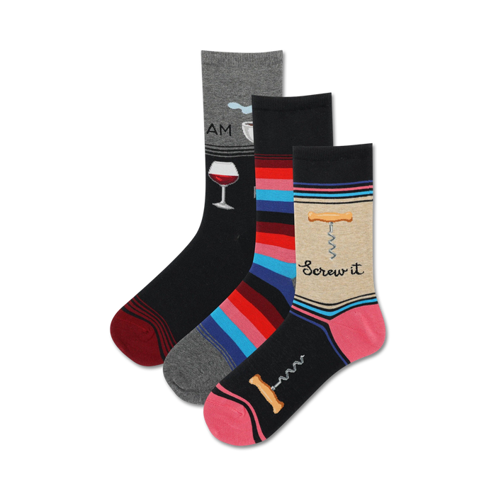 womens screw it 3-pack crew socks feature red, blue and light blue stripes, a wine glass, and a corkscrew pattern.   }}