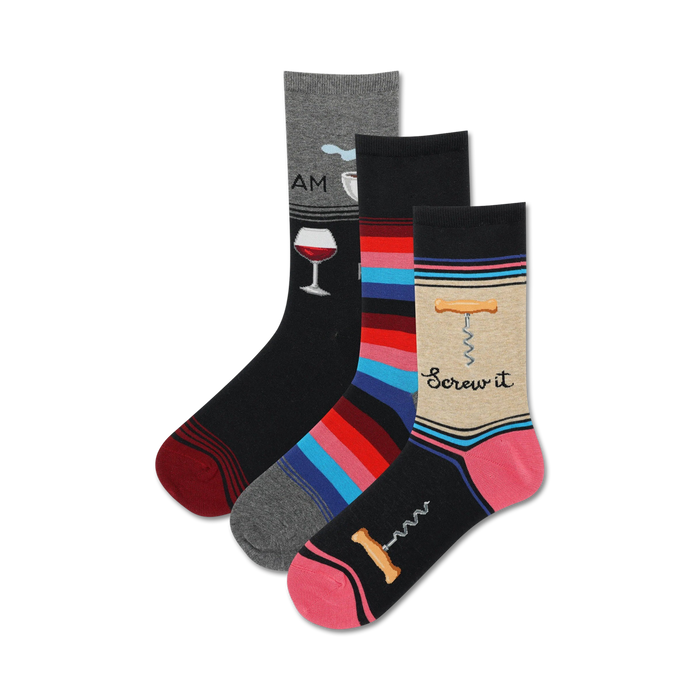 Three crew socks: one black with wine glass, one striped in red, pink, blue and grey, and one beige with a corkscrew graphic and 'Screw it' text. }}