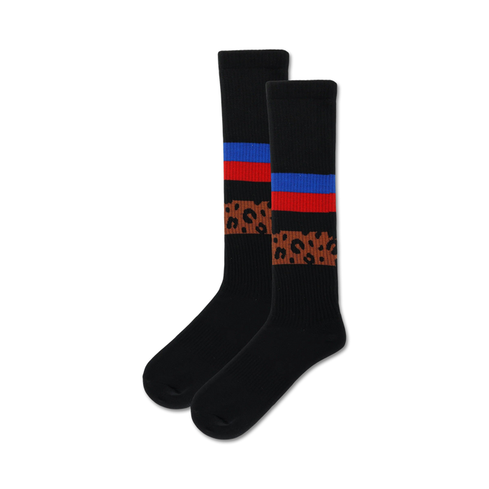 black knee high socks with brown and orange cheetah stripe pattern in the middle and red, white, and blue stripes near the top.   }}
