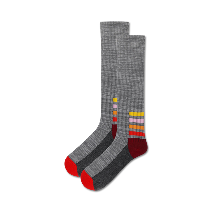 gray knee-high socks with red toe and red-orange ankle stripes made for women.     }}