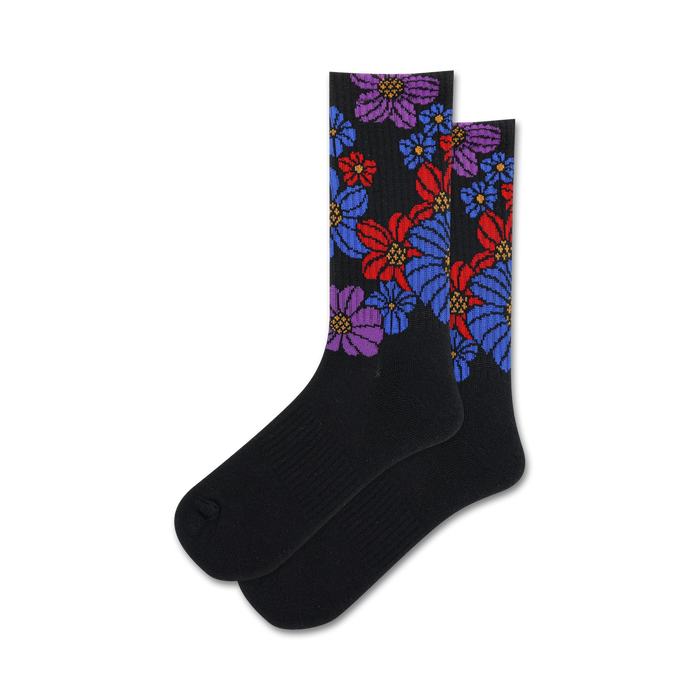 Pair of black crew socks with a retro floral pattern. The flowers are in shades of red, purple, and blue. }}