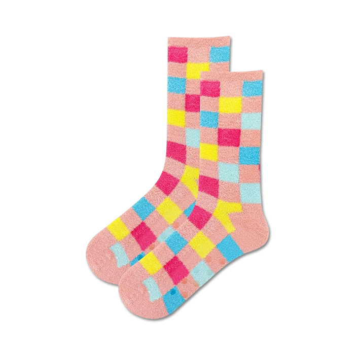 yellow, blue, pink, and red checkered print, women's crew length, non-skid socks for improved traction.  