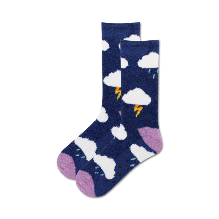 women's dark blue crew socks featuring clouds, lightning bolts, raindrops, purple toes/heels, and white non-skid circles.  