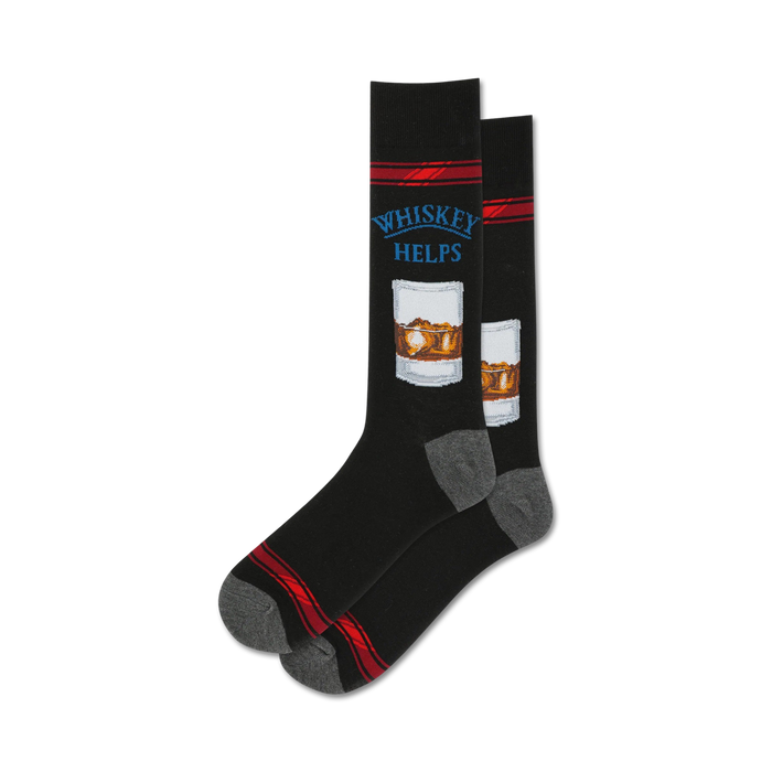 Pair of crew socks; black with red stripes and a whiskey glass graphic, or grey with yellow stripes and same graphic.