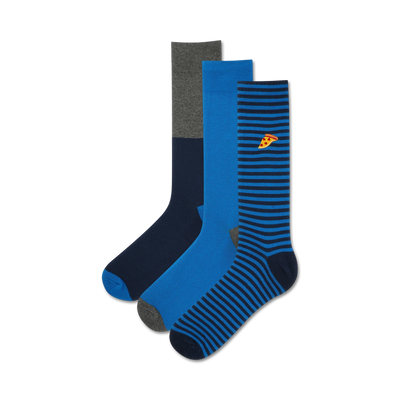 Three men's crew socks. One navy blue with grey heel and toe; one solid royal blue with grey heel and toe; one navy blue and royal blue striped sock with a small pizza embroidery.
