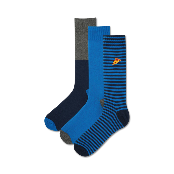 embroidered pizza crew sock, mens. 3-pack. blue, gray, navy blue.    }}