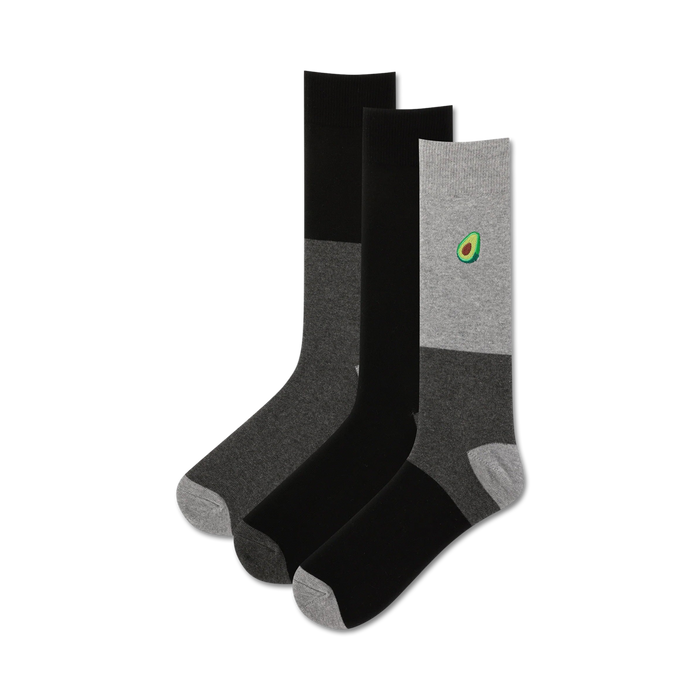 black, gray, and white men's crew socks have a pattern of green avocados with brown pits.    }}