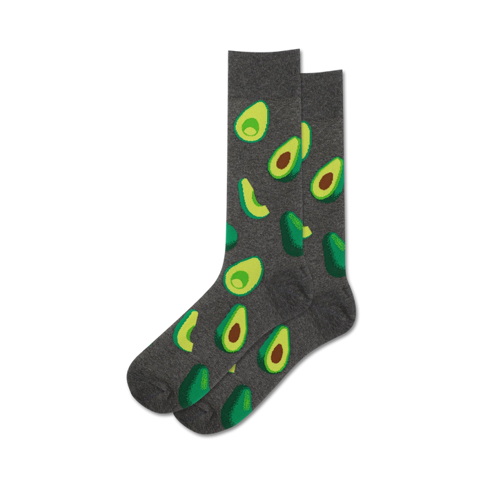 gray crew socks with green avocado pattern.   }}