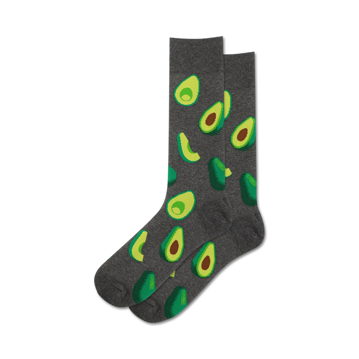 Pair of grey crew socks with fun illustrated avocados in shades of green. A must-have for avocado toast fans! }}