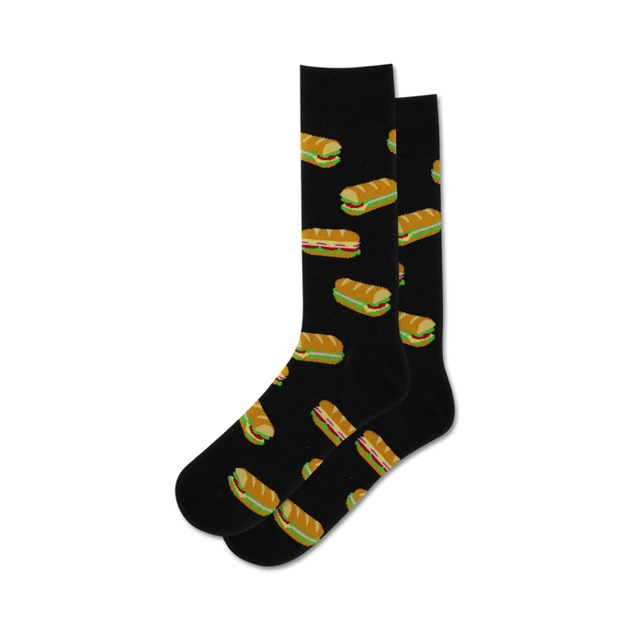 Pair of black crew socks with a repeating pattern of colorful hoagie sandwiches. }}