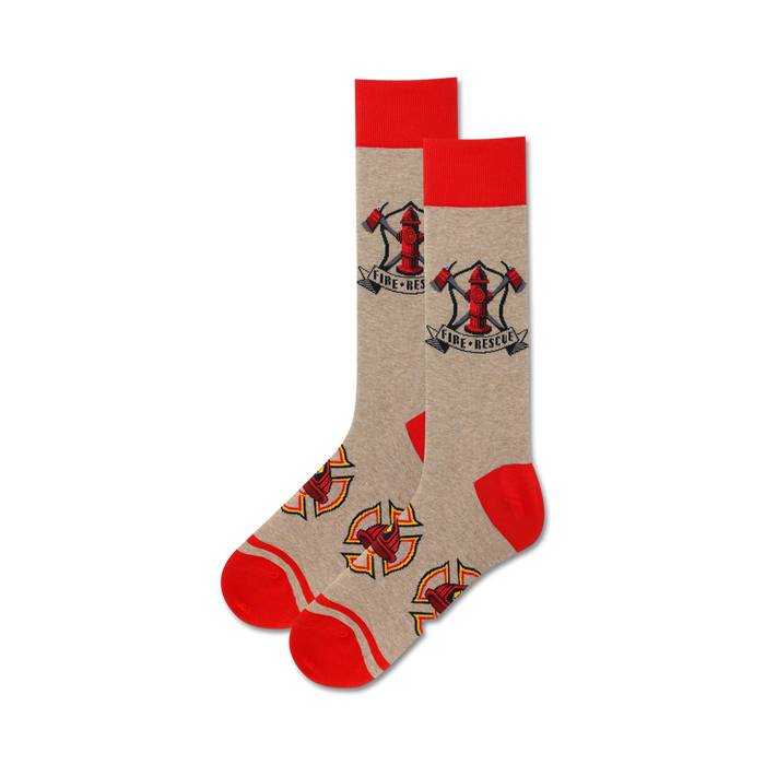 gray crew socks adorned with red maltese crosses, fire axes, and hydrants.    }}