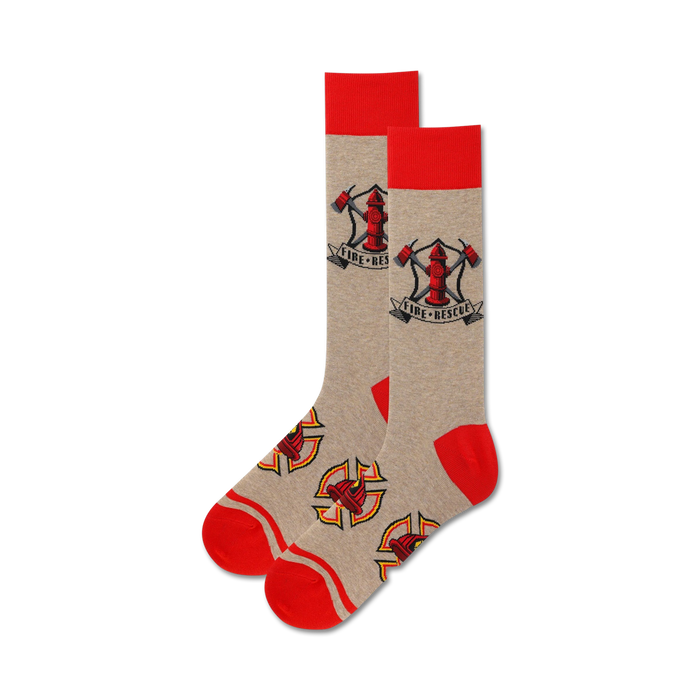 Pair of tan crew socks with red cuffs. Design includes a fire hydrant with axes and 'Fire Rescue' text. }}