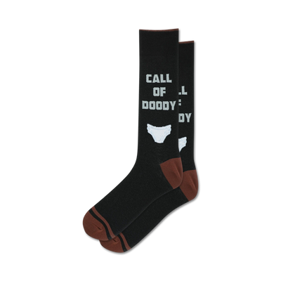 Pair of black crew socks with brown cuffs.  The socks feature a 'Call of Doody' graphic and a small image of underwear.