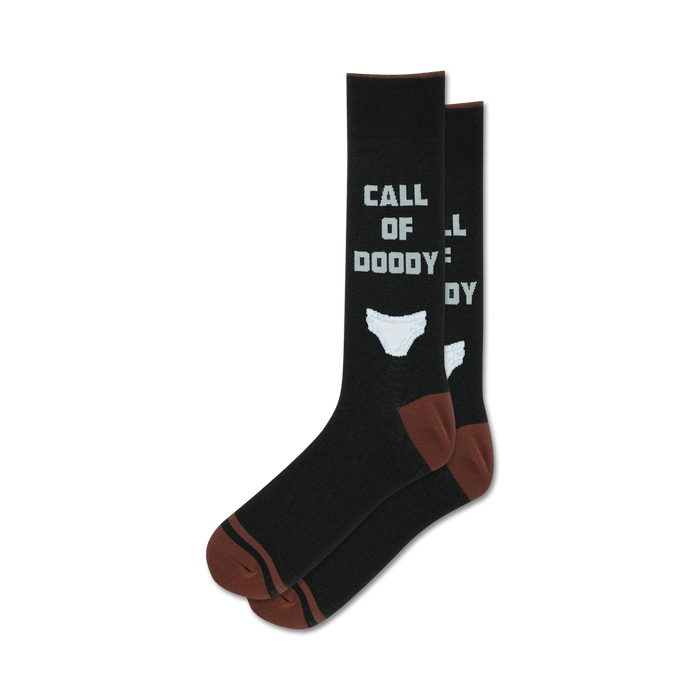 novelty socks for parents, black with brown trim, text 